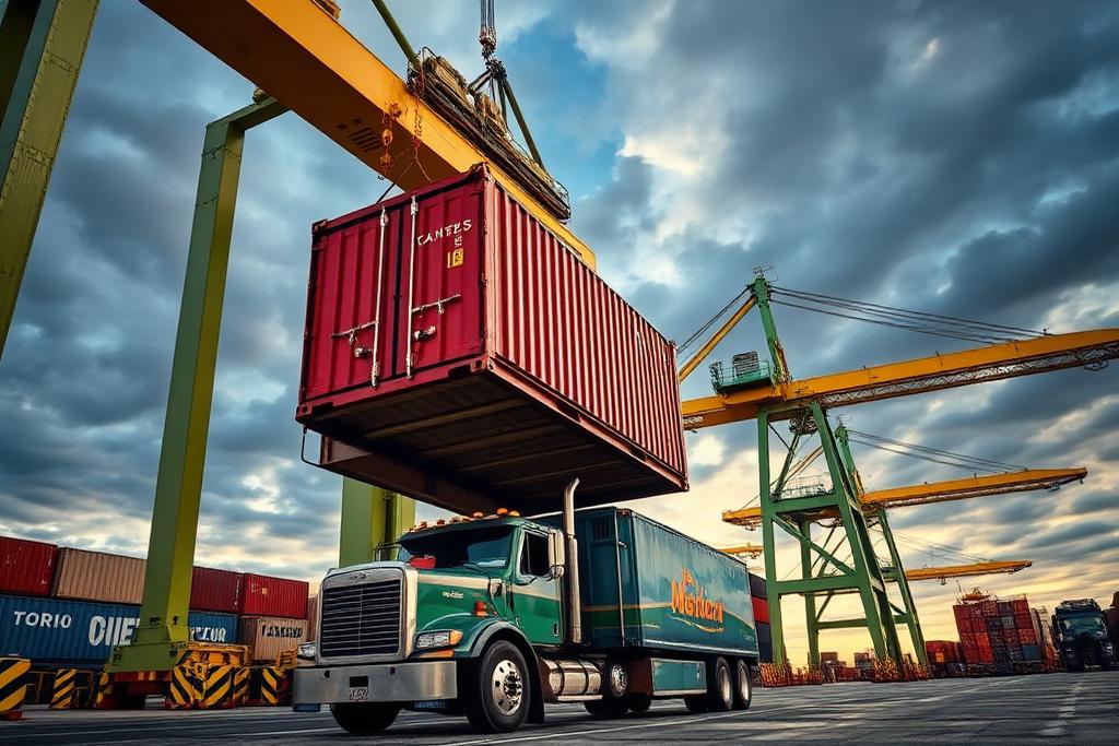 Shipping container being loaded onto a truck at the Port of Virginia