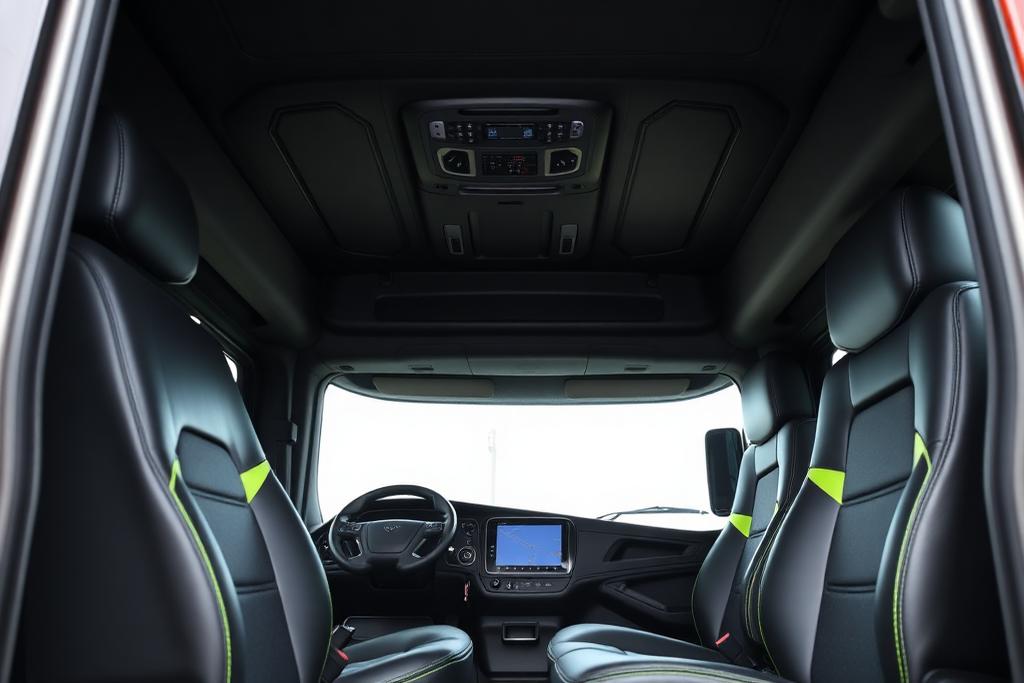 Modern semi truck cab interior with digital dashboard and lime green accents