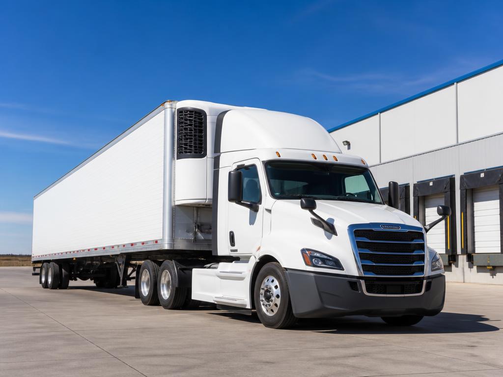 White refrigerated semi truck at a US distribution warehouse