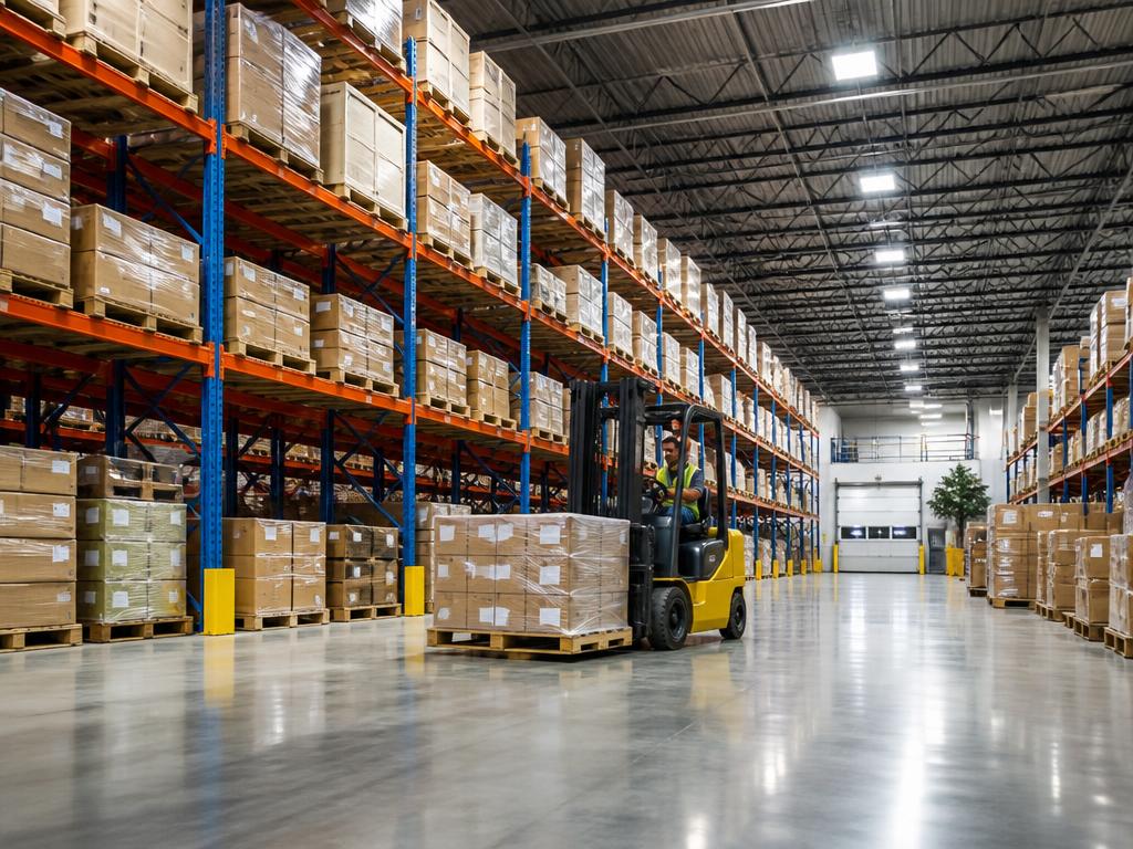 Modern 3PL warehouse interior with organized pallet racks and forklift